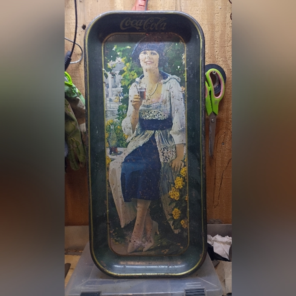 Vintage Coca-Cola Tin Sign with Woman in Blue Dress